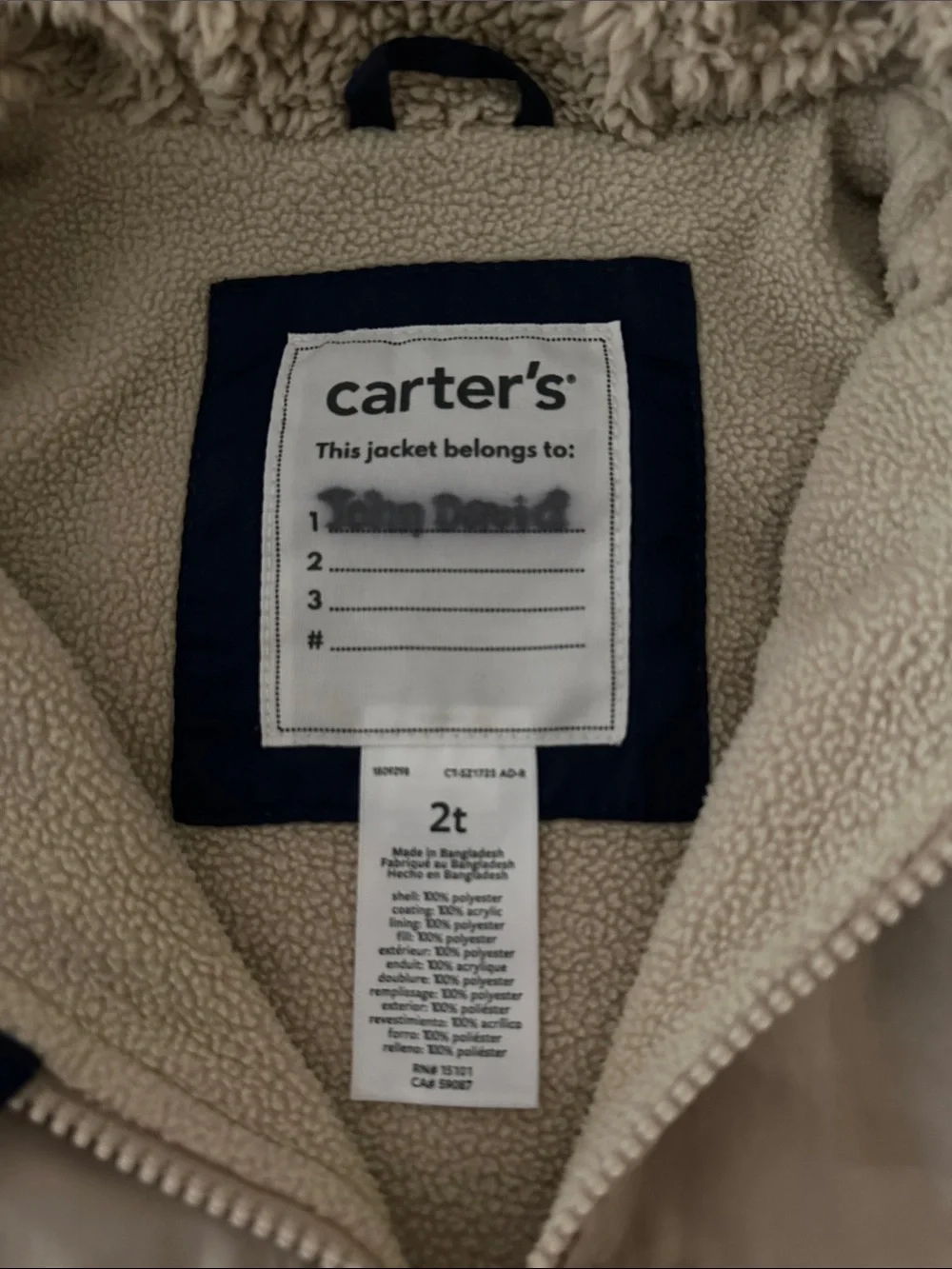 Carter's Two-Tone Hooded Puffer Jacket in Navy & Tan